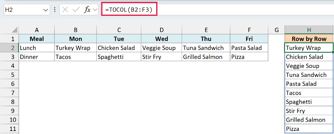 TOCOL reads row by row by default, listing all lunches before all dinners