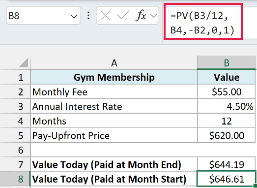 PV with type 1 values start-of-month gym fees at $646.61 today