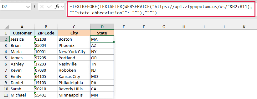 The same formula with the state abbreviation label returns the state for each ZIP code