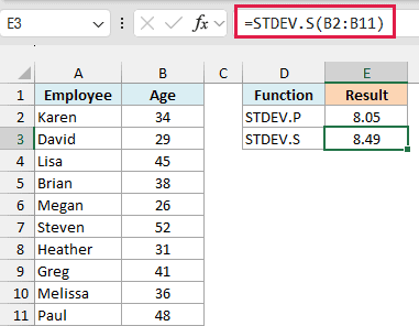 STDEV.S formula in E3 returns 8.49, slightly higher than the STDEV.P result
