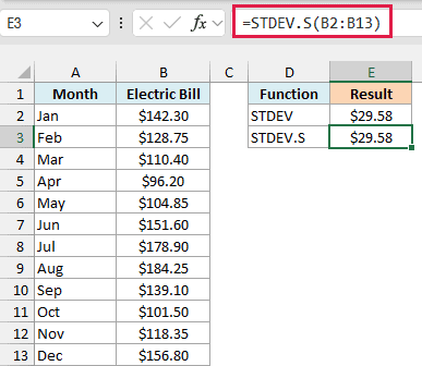 STDEV.S returns the same $29.58 as STDEV on the same bills