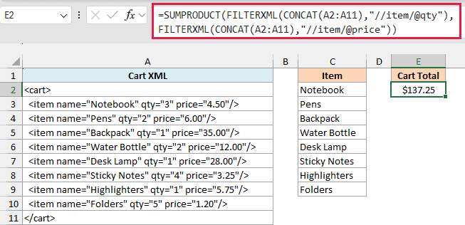 SUMPRODUCT multiplies the quantities and prices that FILTERXML returns as numbers, giving a cart total of $137.25