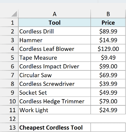 Hardware store price list of ten tools, and an empty Cheapest Cordless Tool cell