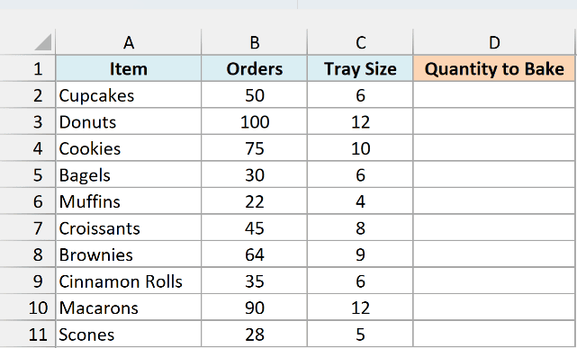 Bakery items with orders and tray size beside an empty Quantity to Bake column