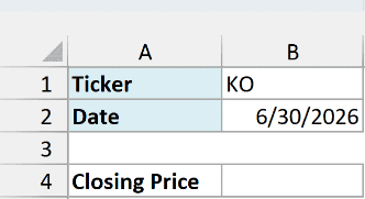 Coca-Cola ticker KO and the date 6/30/2026, with an empty Closing Price cell