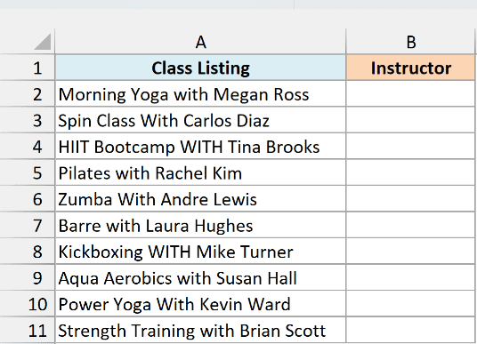 Gym class listings with with, With and WITH before the instructor, and an empty Instructor column
