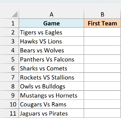 Game schedule with vs typed as vs, VS, and Vs next to an empty First Team column