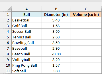 Ten sports balls with their diameter in inches beside an empty Volume column