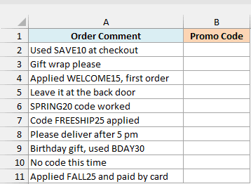 Order comments where only some mention a promo code, beside an empty Promo Code column