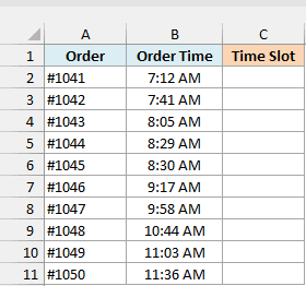 Excel list of coffee shop order times with an empty Time Slot column