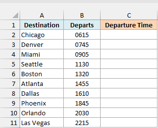 Flight departures stored as 4-digit numbers like 1320 beside an empty Departure Time column