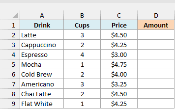 Coffee shop order with cups and price per drink, and an empty Amount column