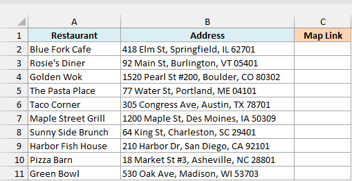 Ten restaurants with street addresses next to an empty Map Link column