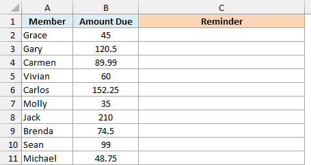Gym members with the amount each one owes and an empty Reminder column