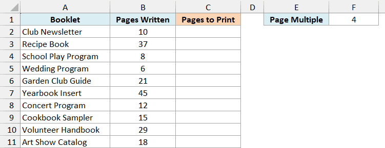 Excel table showing booklet names and pages written, with a page multiple of 4 in cell F1 for CEILING.PRECISE calculation