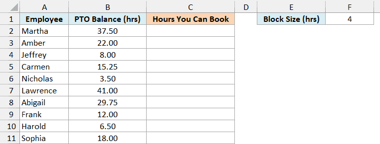 Excel table showing employee PTO balances and a 4-hour booking block size to be used with the FLOOR.PRECISE function