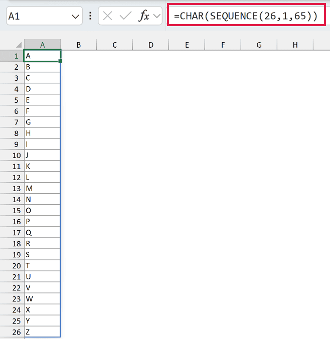 CHAR and SEQUENCE formula in cell A1 spilling the letters A to Z down column A