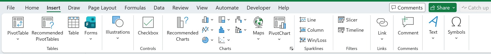 Insert tab in the Excel ribbon
