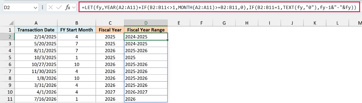 LET formula in D2 returns fiscal year ranges such as 2024-2025 and single years for January starts