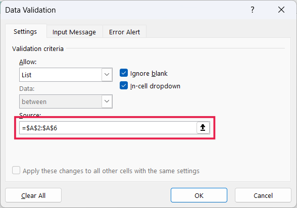 The Data Validation Source field set to =$A$2:$A$6.