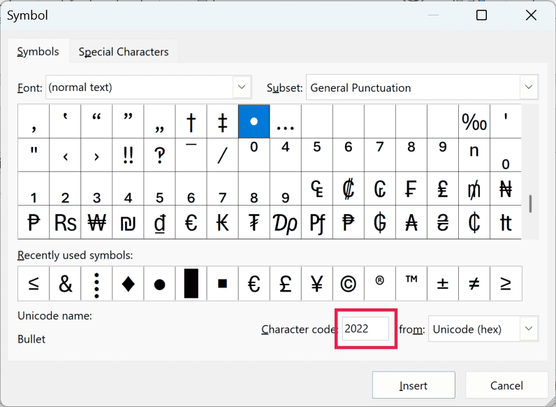 Character code 2022 entered in the Symbol dialog box with the bullet selected