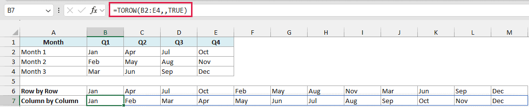 TOROW with scan_by_column set to TRUE lists the months from Jan to Dec
