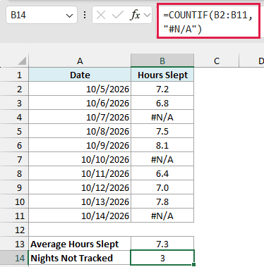 COUNTIF formula counting the three #N/A nights