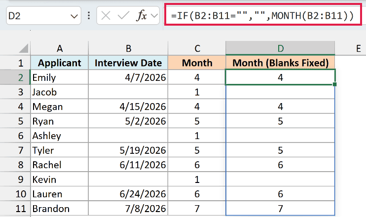 IF checks for a blank date first, so column D leaves the blank-date rows empty