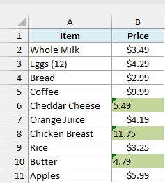 Three grocery prices stored as text highlighted in light green