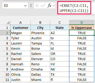 EXACT with UPPER returns FALSE for the state codes that are not fully uppercase, like tx and nV