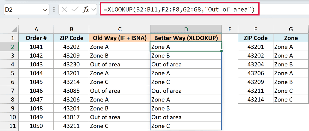 XLOOKUP formula with Out of area as its fourth argument, matching the older formula's results