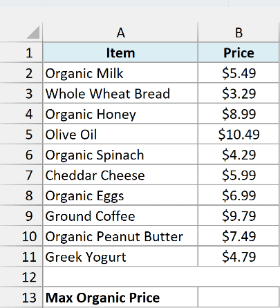 Grocery price list with organic and regular items, and an empty Max Organic Price cell