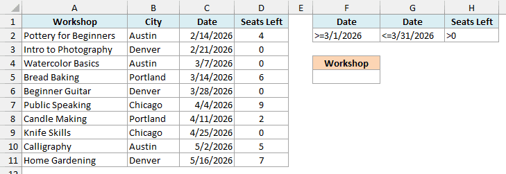 Workshop list with Date criteria from March 1 to March 31, 2026 and Seats Left greater than 0 on one criteria row