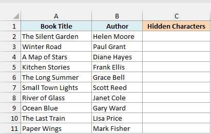 Library book titles and authors beside an empty Hidden Characters column