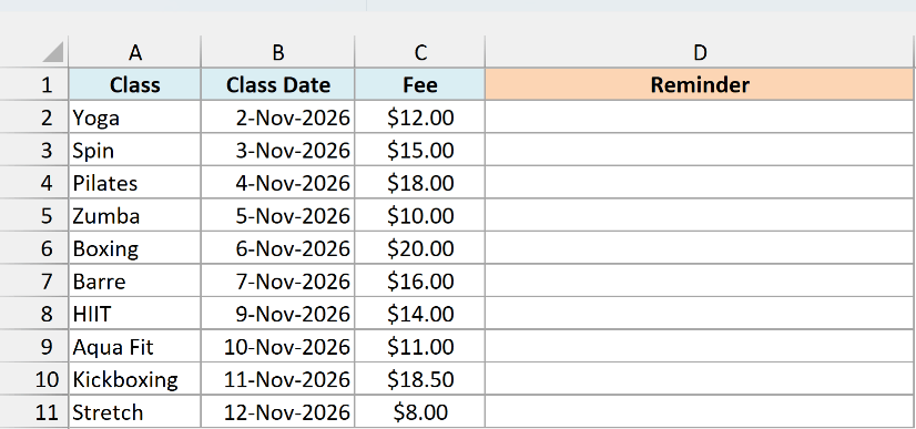 Fitness class schedule with class dates, fees, and a blank Reminder column.