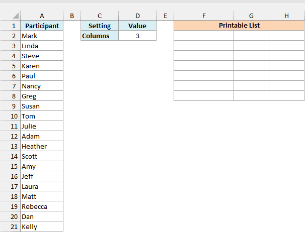 List of 20 charity 5K participants, a Columns setting of 3 in D2, and an empty Printable List area