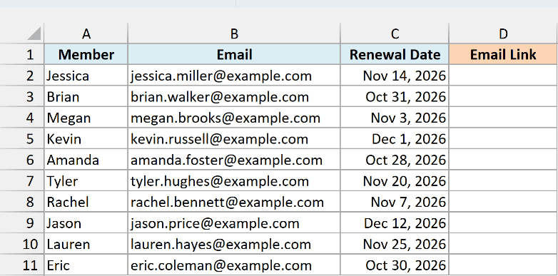 Swim club members with email addresses and renewal dates, next to an empty Email Link column