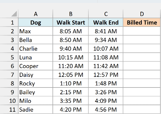 Dog walk log with start and end times beside an empty Billed Time column