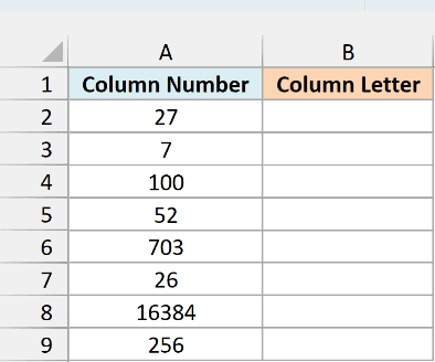Eight column numbers beside an empty Column Letter column