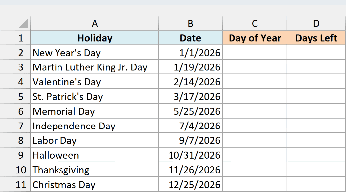 2026 US holidays with their dates beside empty Day of Year and Days Left columns