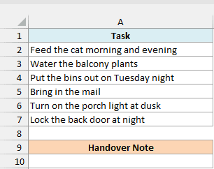 House-sitting tasks with empty Handover Note cell