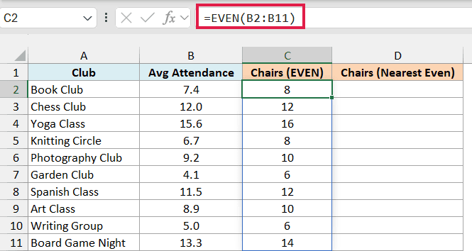 EVEN formula in C2 rounds each average attendance up to an even number of chairs