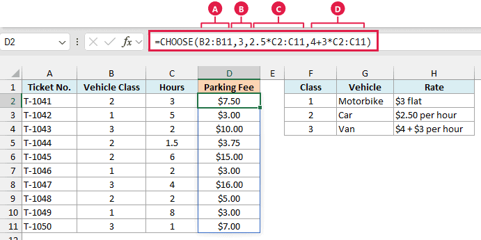 CHOOSE calculates each parking ticket's fee from its vehicle class and hours