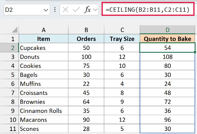 CEILING pairs each order with its tray size to get full-tray quantities