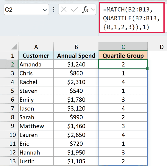 MATCH and QUARTILE formula assigning each customer a quartile group from 1 to 4
