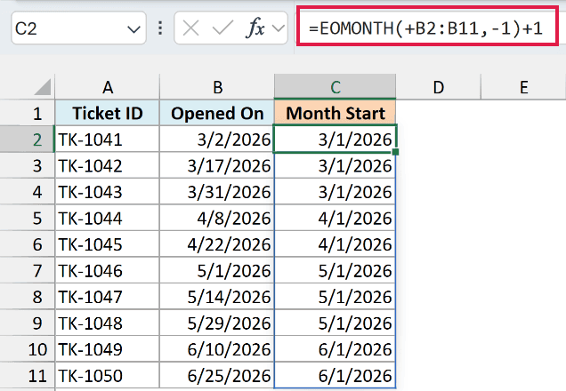 EOMONTH formula plus 1 returns the first day of each ticket's month, such as 3/1/2026