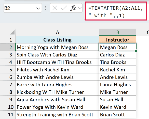 TEXTAFTER formula with match_mode 1 returning the instructor name regardless of case