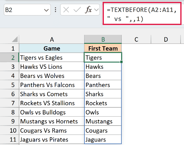 TEXTBEFORE with match_mode 1 returns the first team for every game, whatever the case of vs