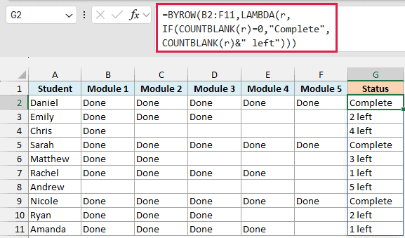 BYROW with IF and COUNTBLANK returns Complete or the number of modules left for each student