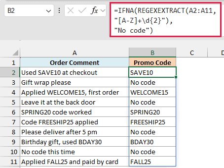 IFNA around REGEXEXTRACT returns the promo code where one exists and No code where there is no match